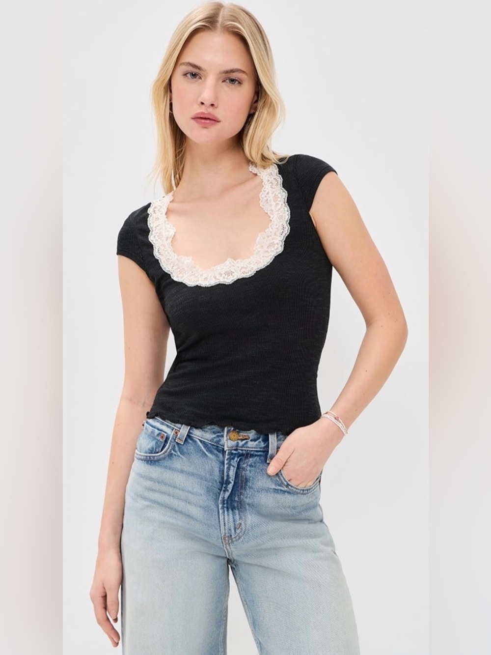 New FP Intimately Free People Oh My Darlin Top with Cream Lace Trim ~Black